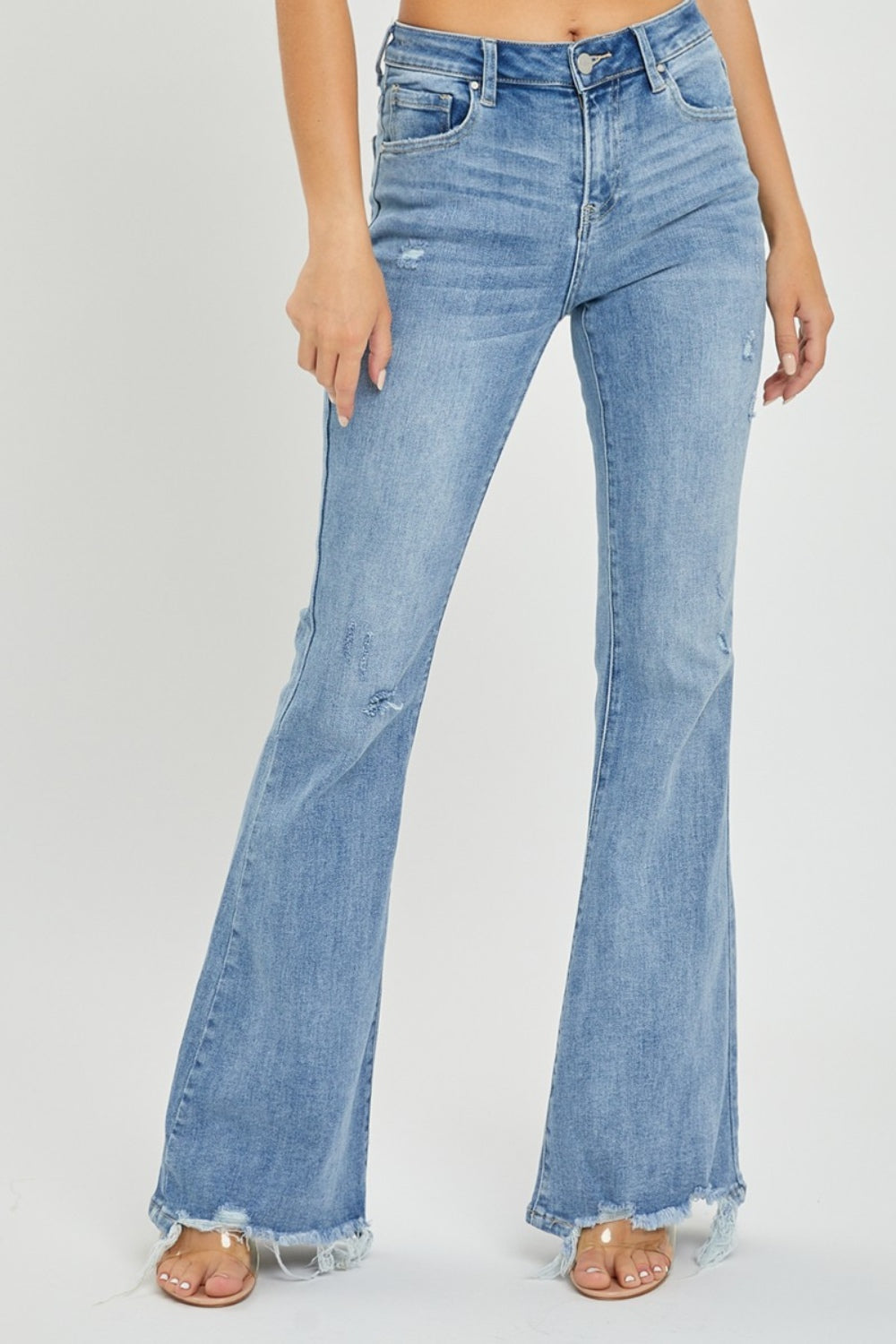 High Rise Frayed Hem Flare Jeans