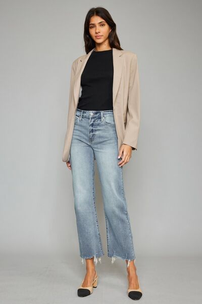 High Waist Raw Hem Cropped Wide Leg Jeans