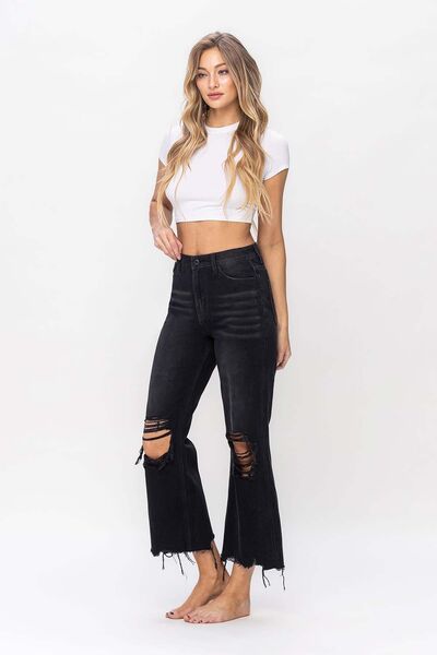 Ultra High Waist Distressed Crop Flare Jeans