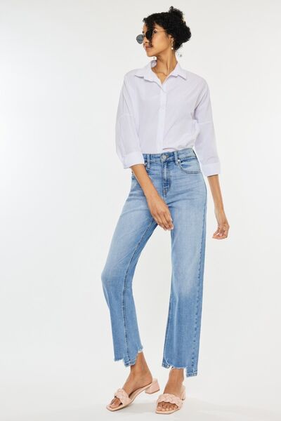 High Waist Raw Hem Straight Jeans