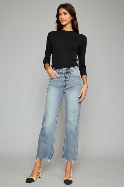 High Waist Raw Hem Cropped Wide Leg Jeans