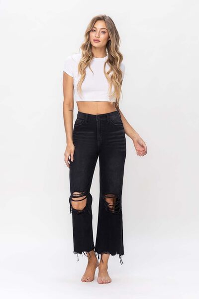 Ultra High Waist Distressed Crop Flare Jeans