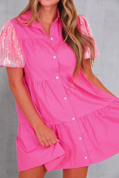 Julie Sequin Sleeve Button Up Tiered Dress