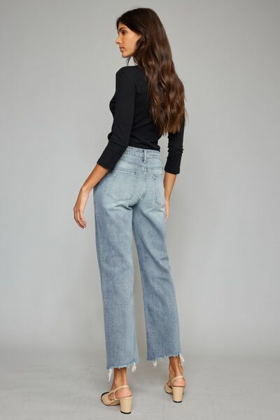 High Waist Raw Hem Cropped Wide Leg Jeans